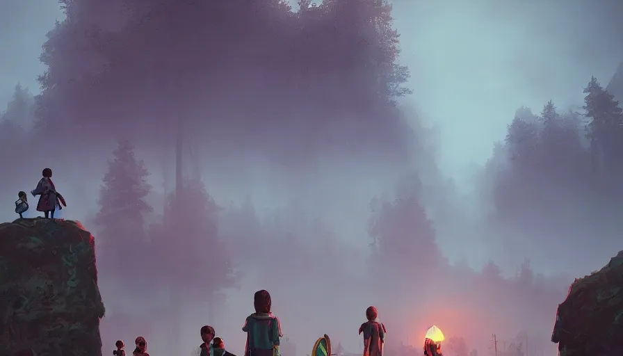 Image similar to kerala school kids wearing gender neutral uniform, an epic fantasy, dramatic lighting, cinematic, establishing shot, extremely high detail, photorealistic, cinematic lighting, artstation, matte painting by simon stalenhag, horizon forbidden west