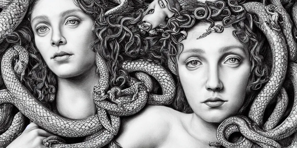 Image similar to realistic portrait of medusa with her snakes, golden, delicate, hyper realism, 1 4 5 0, ink, ultra realistic, 8 k