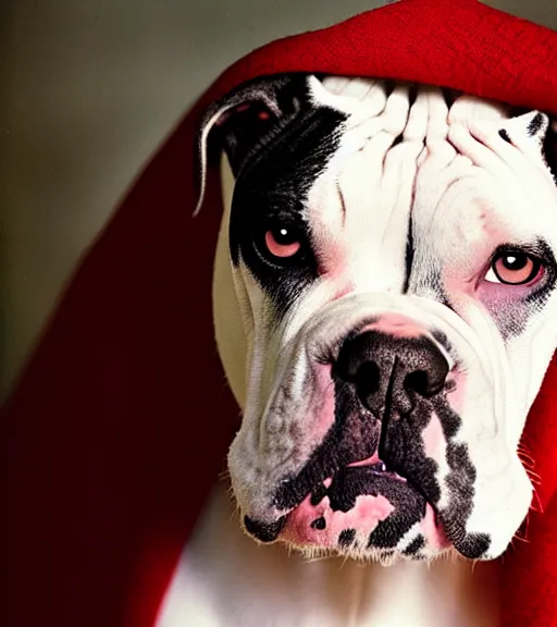 Image similar to portrait of american bulldog as afghan girl, green eyes and red scarf looking intently, photograph by steve mccurry