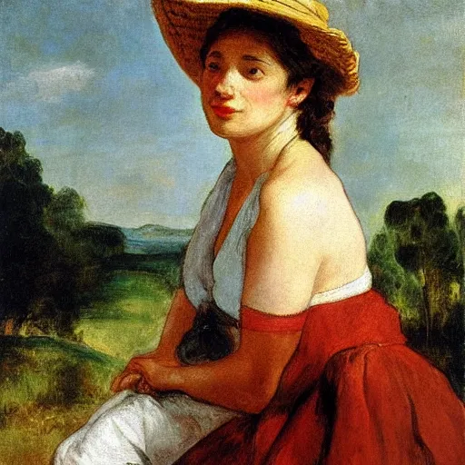 Image similar to woman wearing a panama hat, by eugene delacroix.