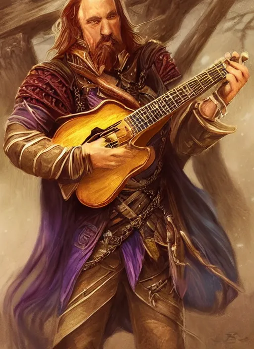 Prompt: bard holding a guitar, ultra detailed fantasy, dndbeyond, bright, colourful, realistic, dnd character portrait, full body, pathfinder, pinterest, art by ralph horsley, dnd, rpg, lotr game design fanart by concept art, behance hd, artstation, deviantart, hdr render in unreal engine 5