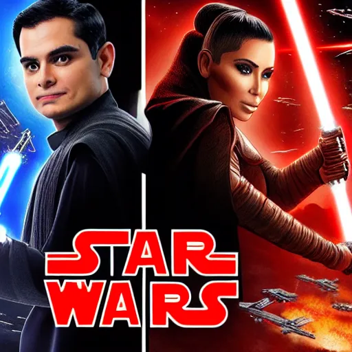 Image similar to super detailed star wars movie poster with ben shapiro, snooki and kim kardashian, 8k full HD photo, cinematic lighting, anatomically correct, oscar award winning, action filled, correct eye placement,