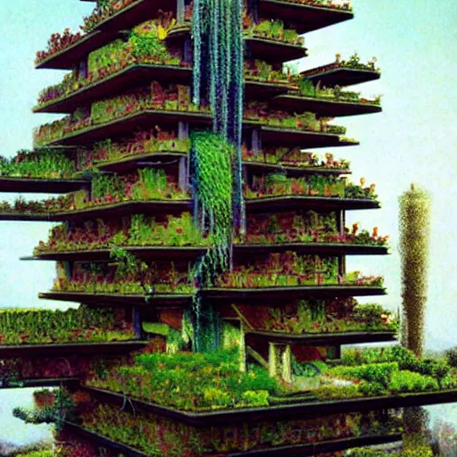 Prompt: frank lloyd wright hanging gardens of babylon futurepunk