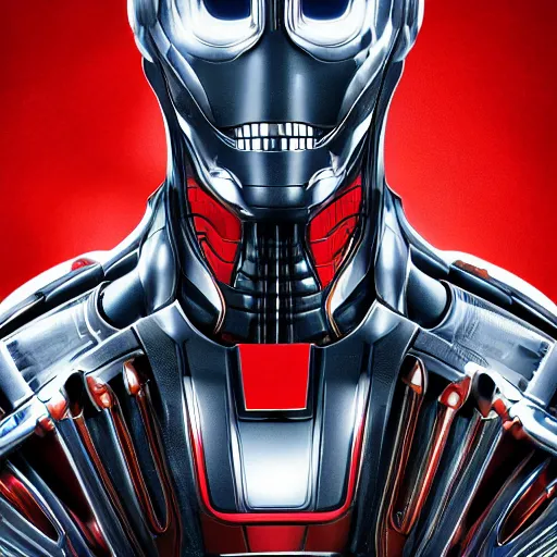 Image similar to ultron marvel, portrait photoshoot, magazine cover, versace, gucci magazine, cover magazine, photorealistic, 8k