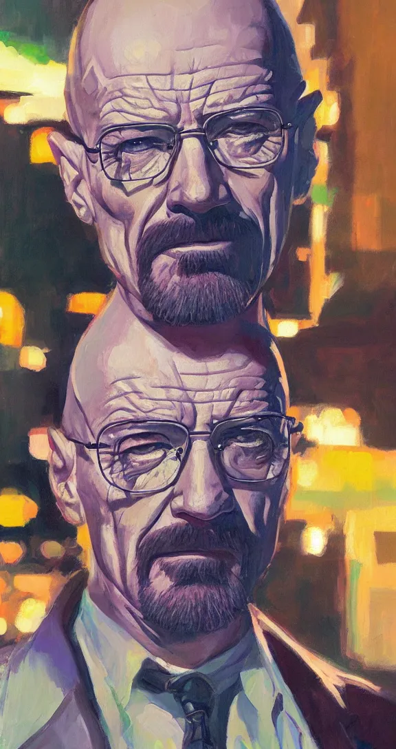 Image similar to a highly detailed beautiful portrait of walter white, neon lights, by gregory manchess, james gurney, james jean