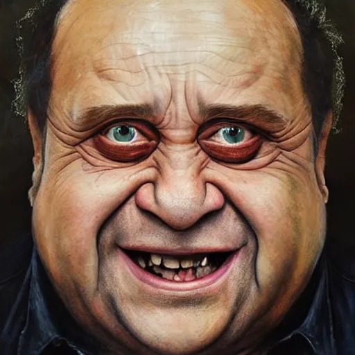 Image similar to hyperrealistic mixed media high resolution painting of (Danny DeVito) is Gollum, stunning 3d render inspired art by Jamie Salmon and István Sándorfi and Unreal Engine and Greg Rutkowski, perfect facial symmetry, dim volumetric lighting, 8k octane beautifully detailed render, full body shot, post-processing, extremely hyper-detailed, intricate, epic composition, highly detailed attributes, highly detailed atmosphere, cinematic lighting, masterpiece, trending on artstation, very very detailed, masterpiece, stunning, flawless completion, lifelike texture, perfection,