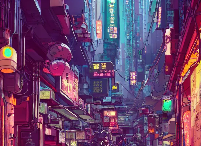 Prompt: a cyberpunk hong kong alley with robots and humans walking around by moebius, pixar color palette, clear details, street level