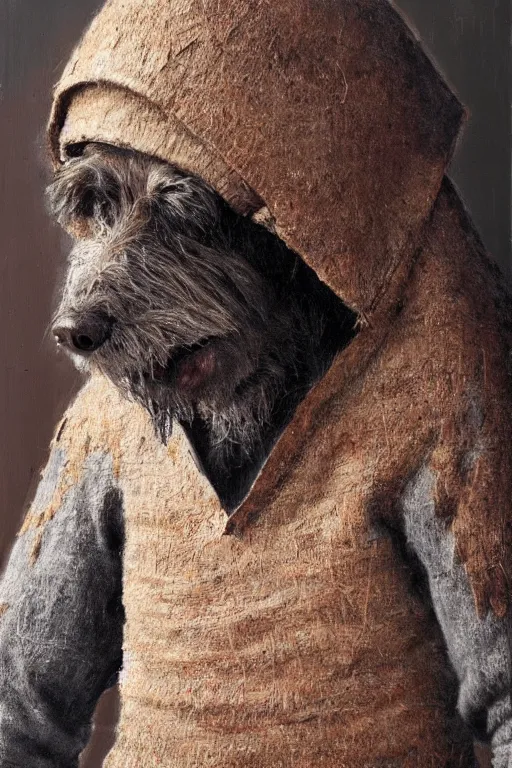 Image similar to slavic dog head man, woolen torso in medieval clothes, builds wooden house, oil painting,, concept art, hyperrealism, beautiful, high resolution, trending on artstation,