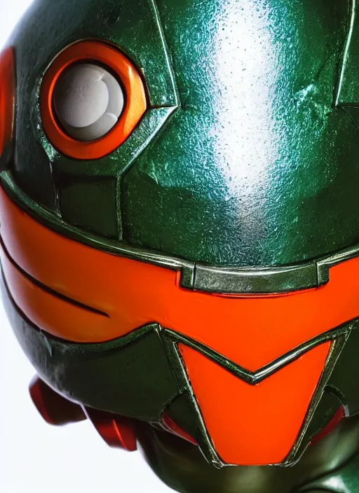 Image similar to helmet portrait of a figurine of samus aran's varia suit from the sci - fi nintendo videogame metroid. glossy. red round helmet, orange shoulder pads, green visor. shallow depth of field. suit of armor.