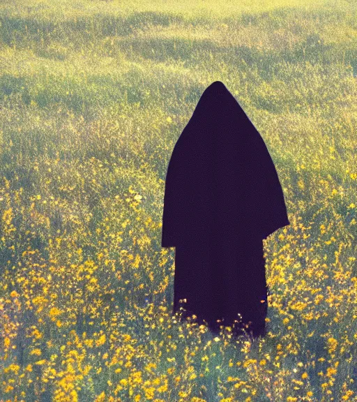 Image similar to tall hooded shadow person figure standing in beautiful meadow of flowers, film photo from 1970s, grainy, high detail, high resolution