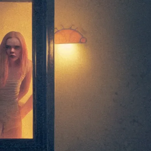 Prompt: Elle Fanning in a slasher film in the world of Edward Hopper, stormy weather, extremely detailed masterpiece, oil on canvas, low-key neon lighting, artstation, Blade Runner 2049, Roger Deakin’s cinematography, by J. C. Leyendecker and Peter Paul Rubens,