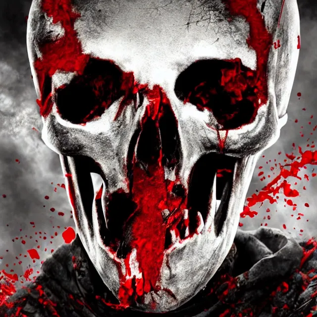 Prompt: skull centered facing the camera, blood pouring out from its mouth, mortal kombat, spray paint