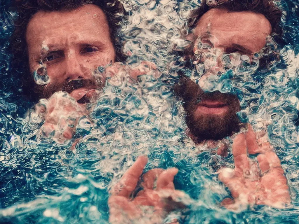 Prompt: lorenzo cherubini jovanotti submerged in plastic bottles crying, polaroid color photo, ultra realistic