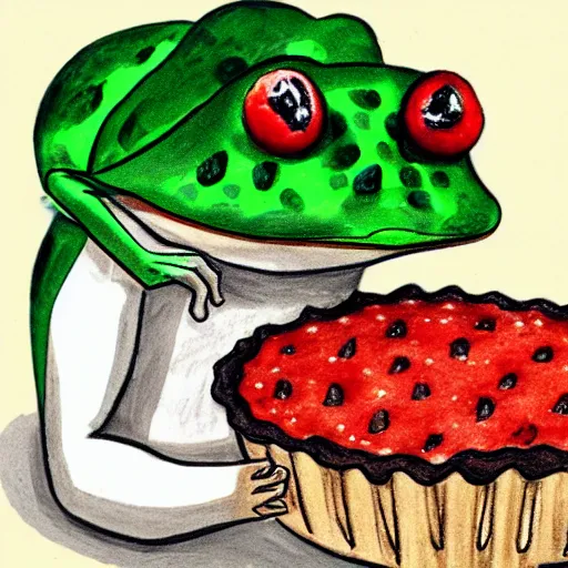 Image similar to sketch of a frog eating a strawberry pie,