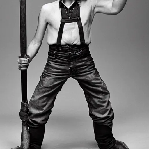 Image similar to a photo of a blacksmith kid holding big hammer by terry richardson