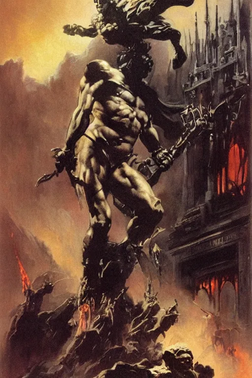 Image similar to Artwork by Frank Frazetta of the cinematic view of the Cenotaph of Ever-changing Blasphemy.