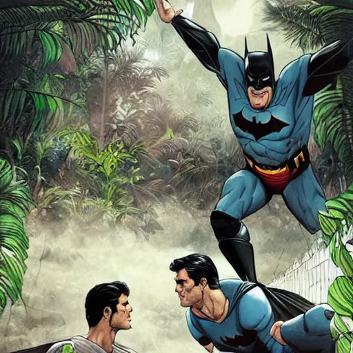 Image similar to batman and superman are playing volleyball in a jungle, in the style of greg rutkowski and artgerm, high detail