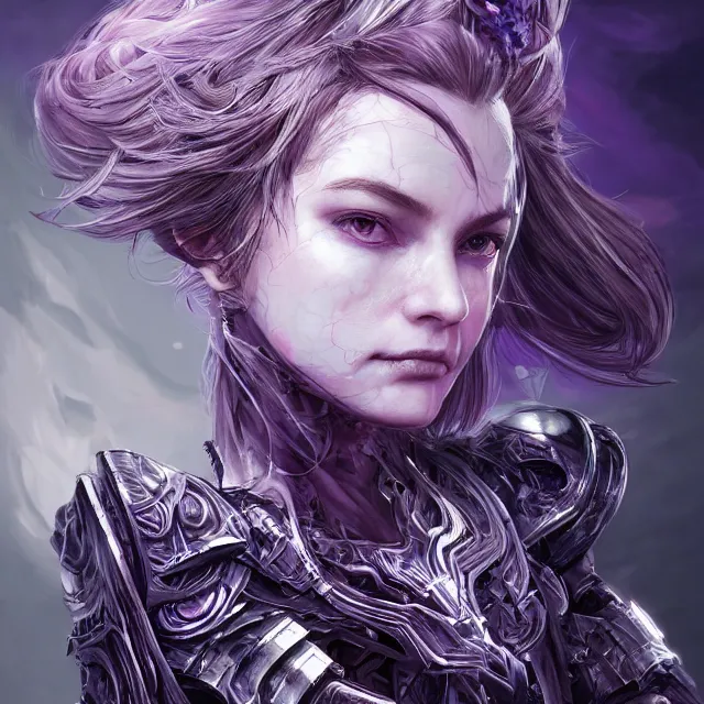 Image similar to close facial portrait of a pale woman in sci - fi armor with a flowing purple, elegant, stoic, intense, ultrafine hyperdetailed illustration by kim jung gi, irakli nadar, intricate linework, sharp focus, bright colors, octopath traveler, final fantasy, hearthstone, highly rendered, global illumination, radiant light, detailed, intricate environment