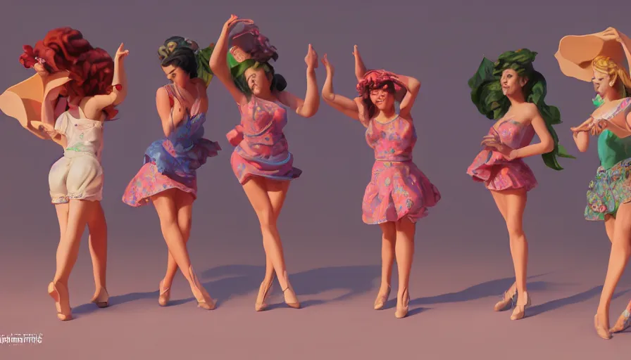 Prompt: girls dancing for lovely music, masterpiece, pinup, highly detailed, colorful clay diorama, artstation, concept art, smooth, sharp focus, illustration, Unreal Engine 5, 8K