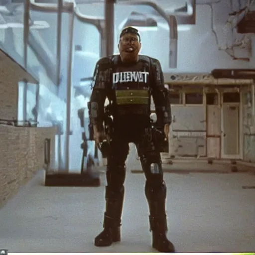 Image similar to Environment = Detroit 1987, only one cop part man part machine can stand up to crime - Cyborg Cop, Character = Cyborg Cop who is a cybernetic organism part human part machine, all justice, Style = Ultra Realistic, VHS film, Total Recall, Das Boot, Starship Troopers, cinematography by Jost Vacano, Composure = Establishing shot, Exterior Shot, Cinematic Film, 4k