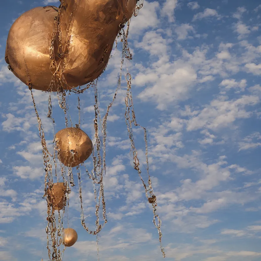 Image similar to beautiful blimps high in the sky, copper chains hanging from the edges, steampunk styled, golden hour, steam clouds, clouds, valves, award winning photography, highly detailed, low poly, extremely wide angle