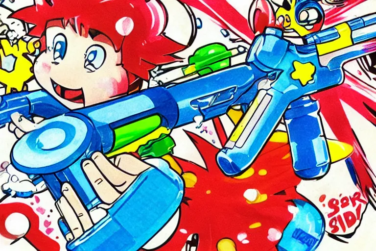 Prompt: “a Ken Sugimori illustration of a Super Soaker commercial”