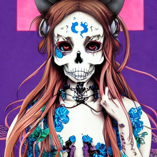 Image similar to anime portrait of a girl skull face detailed highres 4k by Trevor Brown and James Jean pop art nouveau