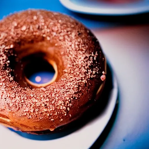 Image similar to a donut, chocolate frosting, on a plate in a busy diner, wide angle, cinestill 800