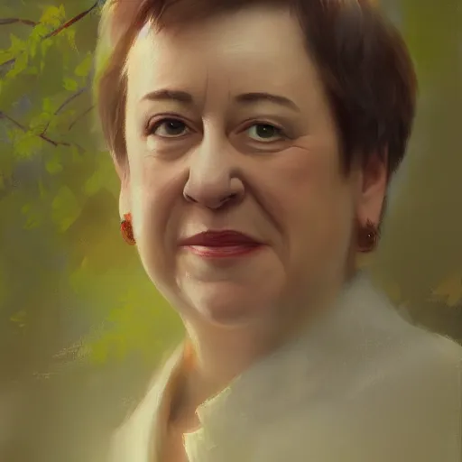 Image similar to close - up shot of supreme court justice elena kagan going for a walk in the woods, digital art by ruan jia and mandy jurgens and artgerm, realistic face, highly detailed, trending on artstation, award winning