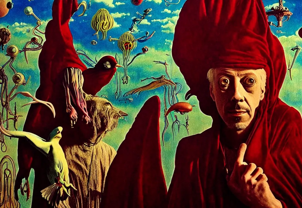 Image similar to realistic detailed portrait movie still of a birdman wearing dark robe, sci fi landscape background by denis villeneuve, amano, yves tanguy, alejandro jodorowsky, alphonse mucha, max ernst, ernst haeckel, roger dean, masterpiece, rich moody colours, snarling dog teeth