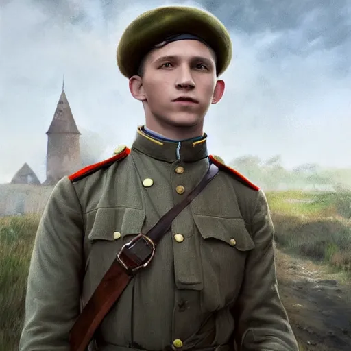 Prompt: fullbody portrait of tom holland wearing russian ww 1 clothes, with grey papaq on head, white thatch houses in village at background, style ivan talavera and artgerm, radiant lighting, hyper realistic, photorealistic, octane render, trending on artstation, cgsociety, cinematic light, global illumination