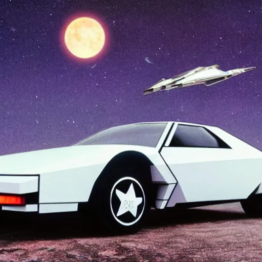 Prompt: A futuristic 1980s wedge car parked in front of a space fighter with stars in the background-n 9