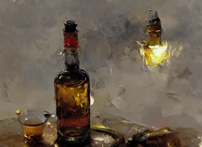 Image similar to palette knife, impasto oil painting of whiskey bottle, thick paint brush strokes, art by anders zorn, wonderful masterpiece by greg rutkowski, beautiful cinematic light, american romanticism by greg manchess, creation by tyler edlin