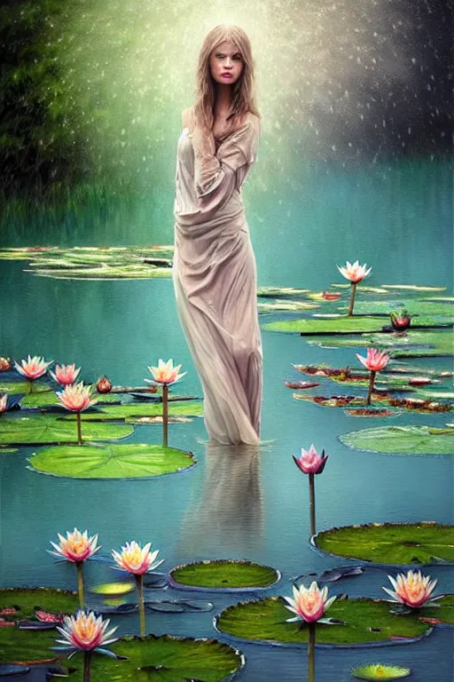 Image similar to light teal portrait in the rain on pond with waterlilies, fantasy, intricate, elegant, dramatic lighting, emotionally evoking symbolic metaphor, highly detailed, lifelike, photorealistic, digital painting, artstation, concept art, smooth, sharp focus, illustration, art by John Collier and Albert Aublet and Krenz Cushart and Artem Demura and Alphonse Mucha