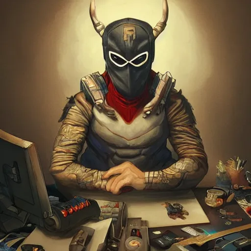 Image similar to an insanely detailed painting of a asian man wearing a homemade superhero costume and mask, sitting at a computer desk typing on the keyboard, in the style of peter mohrbacher, dramatic lighting and composition, trending on artstation, concept art, comic book, graphic novel, back view