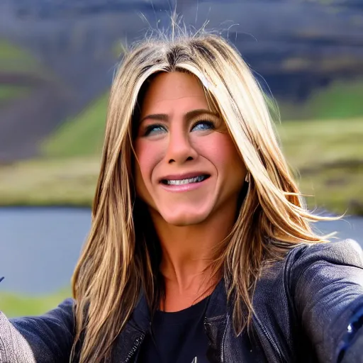 Image similar to jennifer aniston taking a selfie in iceland, hd 4 k photo