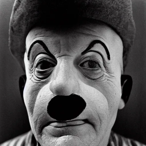 Image similar to portrait of clown by diane arbus, black and white photography