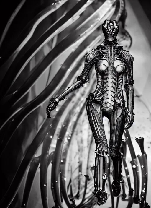 Image similar to walking down the catwalk, ben watts, show, stage, vogue photo, podium, fashion show photo, iris van herpen, beautiful woman, full body shot, helmet on face, masterpiece, plant predator, giger, guyver, jellyfish, biomechanical details, movie still, fauvism, cinestill, bokeh, gelios lens