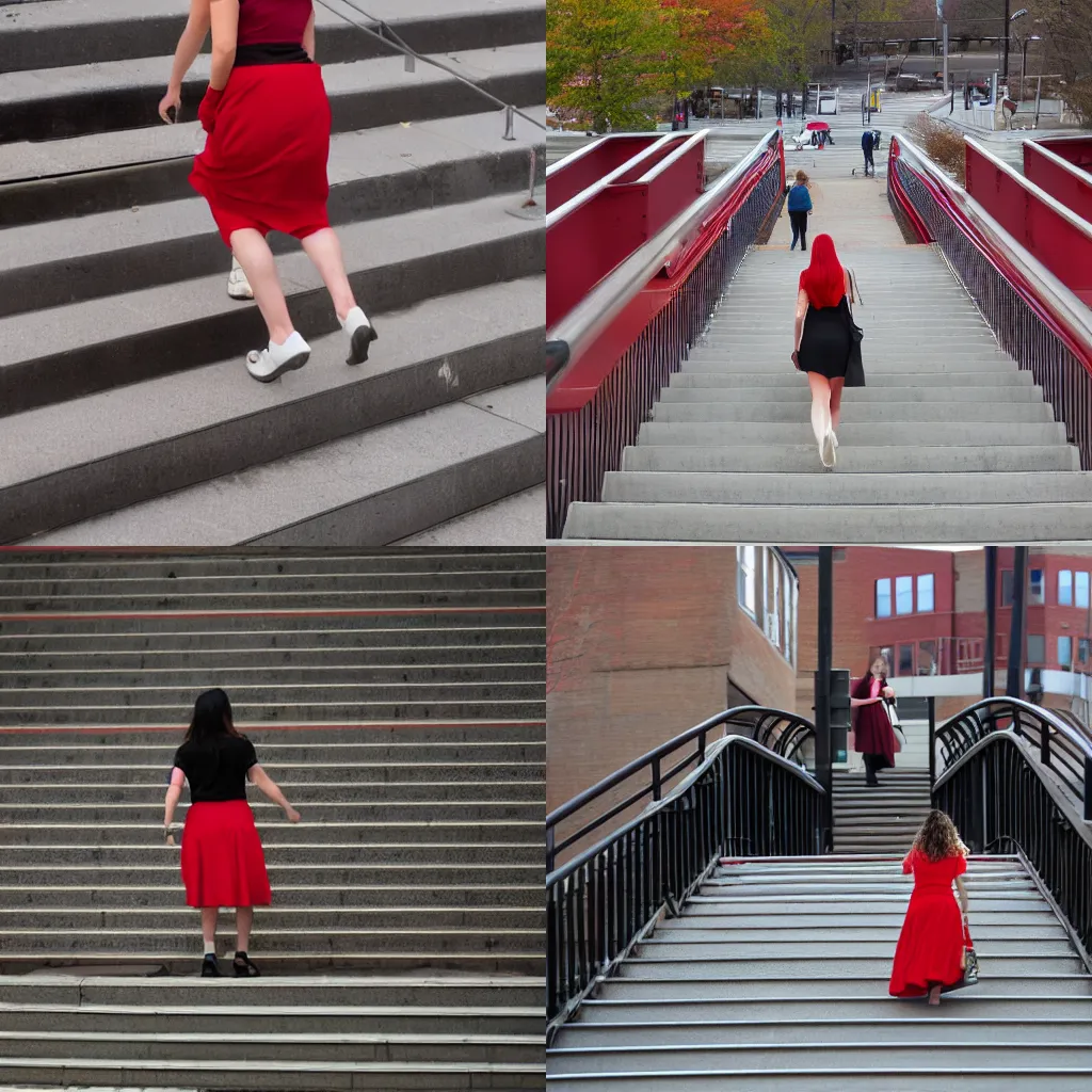 Prompt: girl walking up stairs in red skirt that is riding up, mbta commuter rail steps next to mass pike