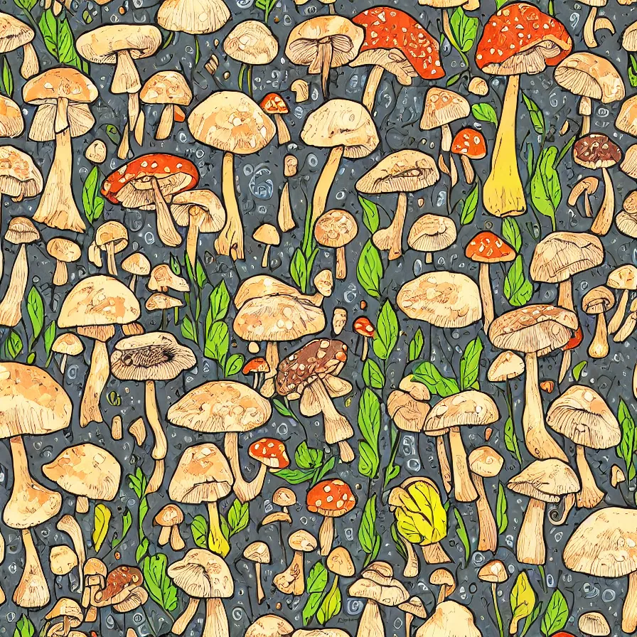 Image similar to macro photo with a mushroom characters and mycelium, very close to real nature, natural colors and natural surroundings, painted patterns and coloring on mushrooms, seamless fabric pattern 8K, highly detailed, cartoon