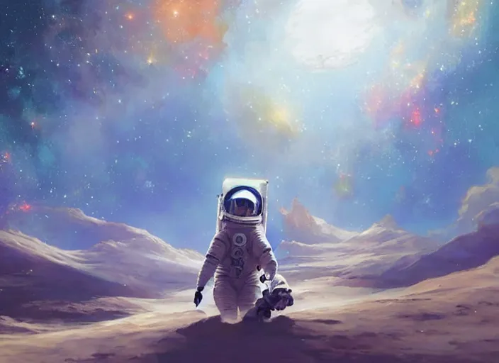 Image similar to craig mullins and ghibli digital illustration of an astronaut floating in the middle of the cosmos playing the oud playing the oud oud oud!!! improvisation, full body!!!, strong contrast, earth, galaxies, ethereal, inviting, bright, unreal engine, hyper realism, realistic shading, cinematic composition, wide shot