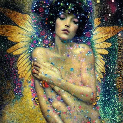 Image similar to dreamy angels cybernetic, in the cosmos, 🌌 intricate detail, klimt, royo,