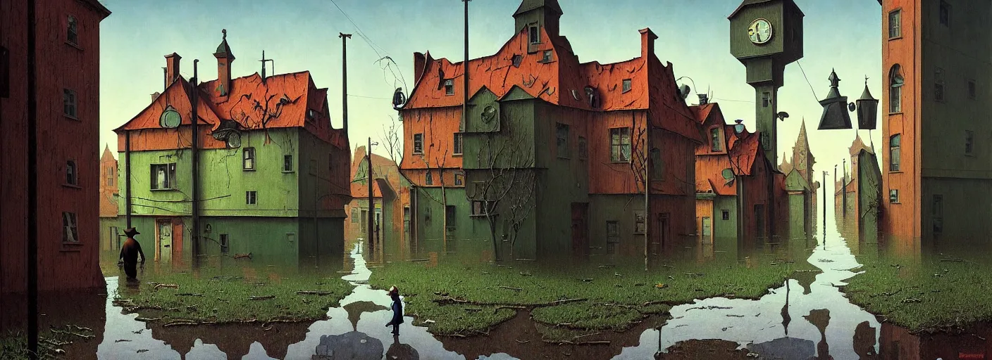 Image similar to flooded! old dark scary wooden empty cursed town street entrance, very coherent and colorful high contrast masterpiece by gediminas pranckevicius rene magritte norman rockwell franz sedlacek, full - length view, dark shadows, sunny day, hard lighting, reference sheet white background