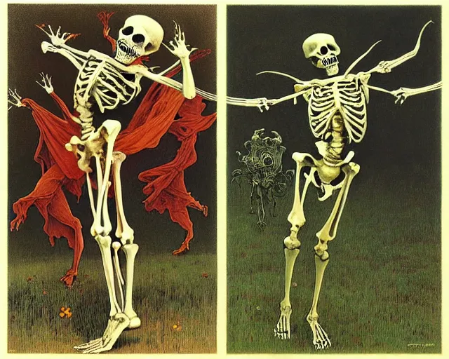 Prompt: eastern european springtime skeleton dancing danse macabre by zdzisław beksinski and gustave dore and alphonse mucha