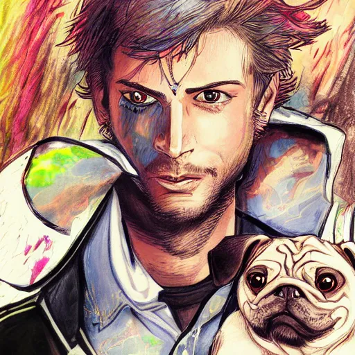 Prompt: self portrait, young white hispanic handsome man with short light brown hair and light skin and a 5 o clock shadow and holding a pug while fighting against 2 swordsmen pencil art, fraction background, psychedelic, added detail, high definiton, colored, backfacing, illustrated by yoji shinkawa