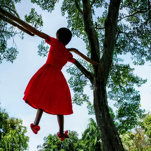 Prompt: girl in red dress swinging on a Madagascar tree swing midday.