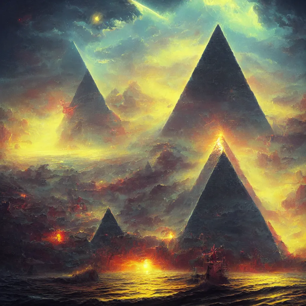 Prompt: A beautiful painting of a ((dark Pyramid)) at Sea In style of Paul Lehr and Daniel Oxford.highly realistic,hyper detailed,4k,digital art,sci-fi