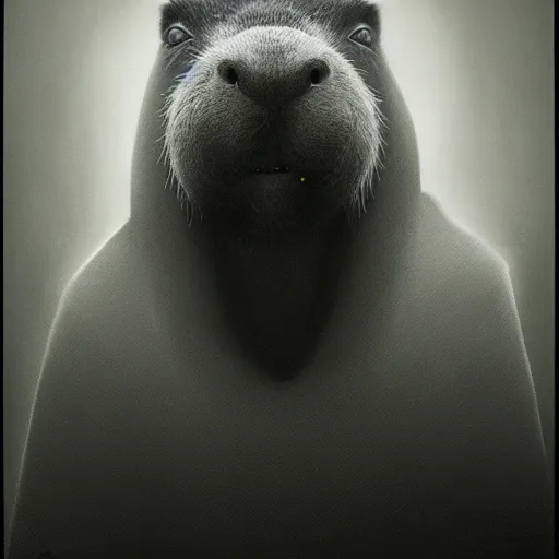 Image similar to a portrait of a capybara wearing a black hood, cloak covering face, anatomically correct, beautiful perfect face, enigmatic, oil painting, matte, black background, volumetric dynamic lighting, highly detailed, cinematic lighting, unreal engine, 8 k, hd, by beksinski