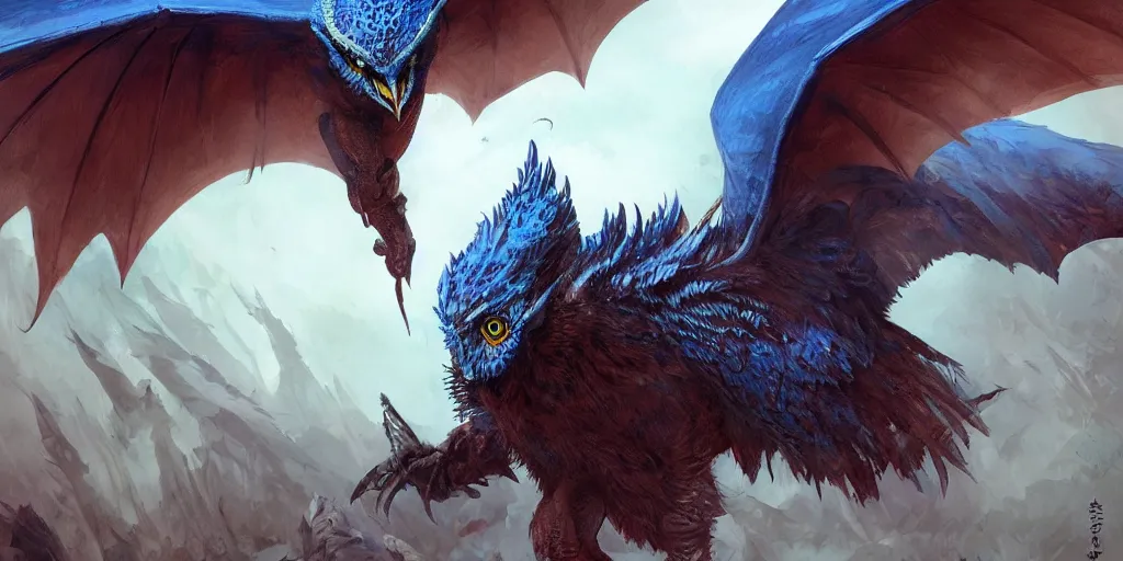 Prompt: Draconian dark reflective blue owl creature, character design sheet, Monster Hunter Illustrations art book, sharp and scaly feathers, huge wings, thick and strong legs, huge and sharp claws, red beak, Moebius, Greg Rutkowski, Zabrocki, Karlkka, Jayison Devadas, Phuoc Quan, trending on Artstation, 8K, ultra wide angle, zenith view, pincushion lens effect.