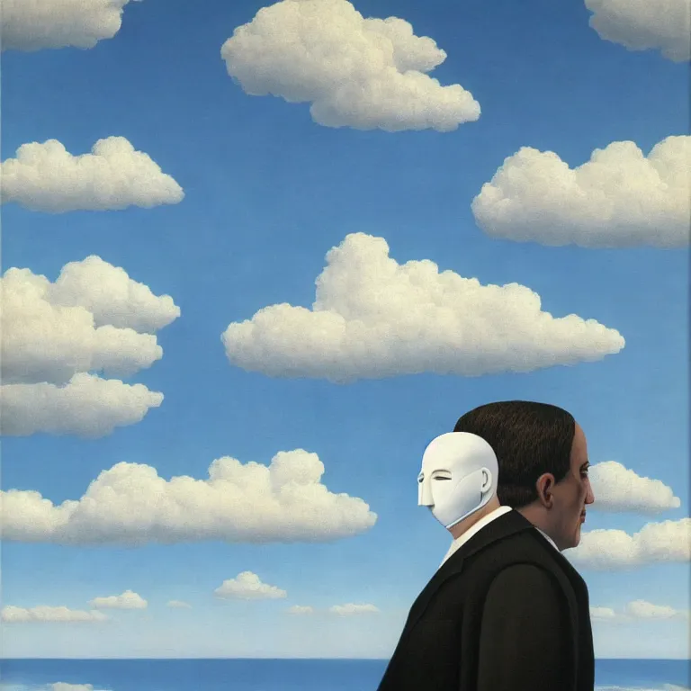 Image similar to portrait of a faceless masked - head man in a suit, clouds and nature landscape in the background, by rene magritte, detailed painting, distance, centered, hd, hq, high resolution, high detail, 4 k, 8 k